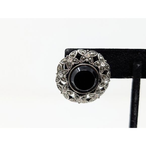 Vintage Monet Clip On Earrings Silver Tone Black Filigree Round Butterflies - Picture 2 of 7